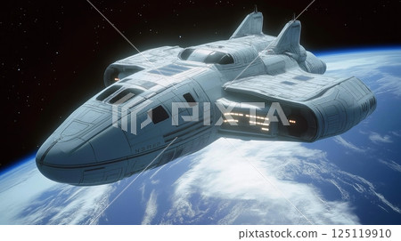 Spacecraft gliding through the cosmos above Earth planet 125119910