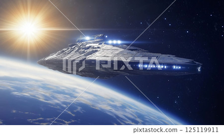Spacecraft gliding through the cosmos above Earth planet 125119911