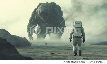 Astronaut encounters a giant creature on a distant alien planet during a foggy atmosphere 125119969
