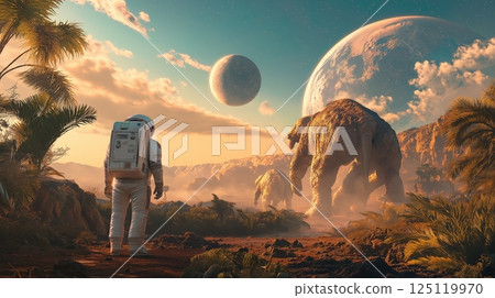 Astronaut encounters a giant creature on an alien planet 125119970