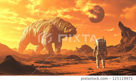 Astronaut encounters giant creature on an alien landscape during a vibrant sunset in a distant world Astronaut encounters giant creature on an alien landscape during a vibrant sunset in a distant world 125119971