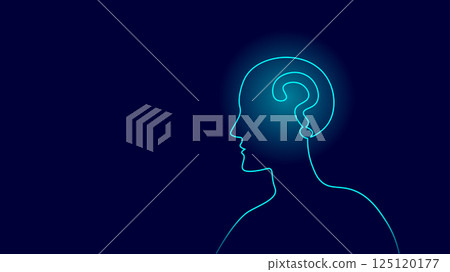 Web Continuous line drawing human head. Question mark inside brain represents idea concept. Suitable for psychology business marketing and advertising. Minimalist style side view blue background Web Continuous line drawing human head. Question mark inside brain represents idea concept. Suitable for psychology business marketing and advertising. Minimalist style side view blue background 125120177