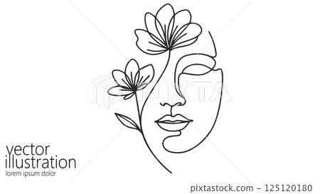 Minimalist line art female face with flowers. Single continuous line beauty products branding, spa, wellness industry. Modern front view, white background 125120180