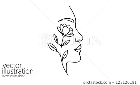 Line art woman profile with flower. Botanical elements accentuating natural beauty. Ideal for cosmetics branding or spa design. Minimalist drawing, side view, clean white background Line art woman profile with flower. Botanical elements accentuating natural beauty. Ideal for cosmetics branding or spa design. Minimalist drawing, side view, clean white background 125120181