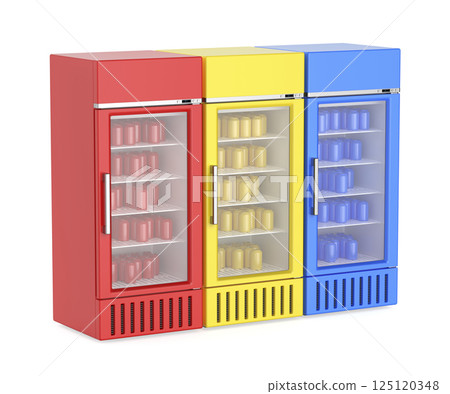 Three refrigerators with cans of different colors 125120348