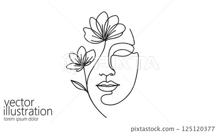 Minimalist line art female face with flowers. Single continuous line beauty products branding, spa, wellness industry. Modern front view, white background Minimalist line art female face with flowers. Single continuous line beauty products branding, spa, wellness industry. Modern front view, white background 125120377