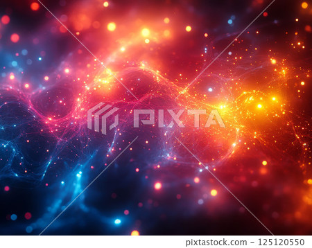 Abstract cosmic scene with sparkling bursts of light, glittering stars, and vibrant galaxy patterns. The dark night background 125120550