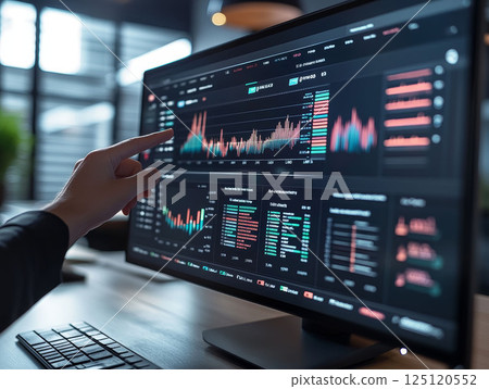 Computer monitor displaying complex business graphs, big data analytics, and programming code. Scene of technology, finance, innovation, for data analysis, investments, and modern business 125120552