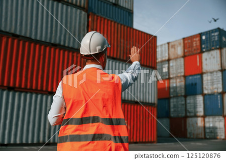 Rear view. Controlling the process. Male worker is on the location with containers 125120876