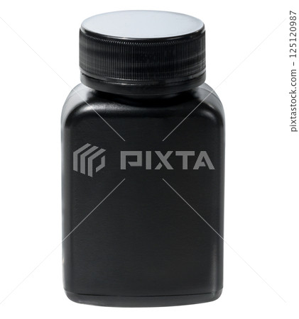 A small, square shaped black plastic bottle with a ribbed black cap, isolated background A small, square shaped black plastic bottle with a ribbed black cap, isolated background 125120987