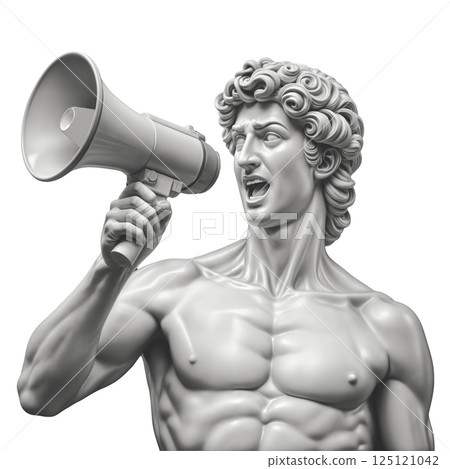 A statue depicts a man without a shirt, firmly holding a megaphone 125121042