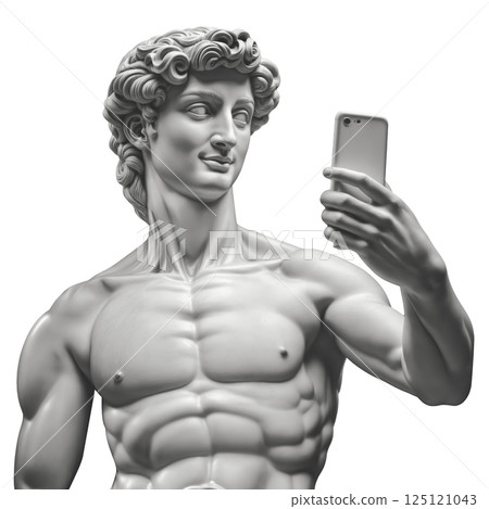 Modern art collage. Concept portrait of a man holding mobile smartphone Gypsum head 125121043
