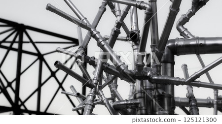 Malleable Iron Pipe Variety Diameters Connection Black And White Stock Photo. Metallic Pipes Juncted With Variety Angles  125121300