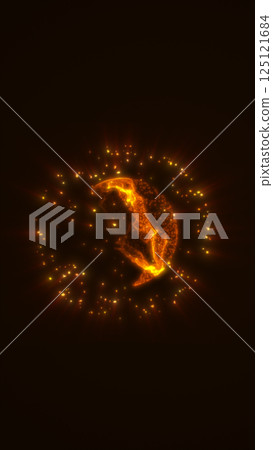 Glowing fiery sphere surrounded by golden light particles in dark space. Abstract heat and energy visualization Glowing fiery sphere surrounded by golden light particles in dark space. Abstract heat and energy visualization 125121684