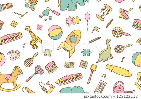 Seamless pattern with children's toys in doodle style on white background. Design for wrapping paper, textile, children's clothes, wallpaper, packaging. Vector hand drawn illustration Seamless pattern with children's toys in doodle style on white background. Design for wrapping paper, textile, children's clothes, wallpaper, packaging. Vector hand drawn illustration 125122118