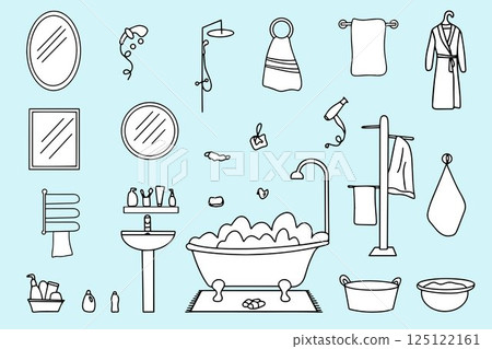 Doodle set with bathroom accessories. Personal hygiene, body care. Vector hand drawn illustration. 125122161