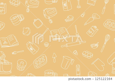Seamless pattern of baking accessories. Kitchen utensils in doodle style on beige background. Trendy modern print for your design. Vector 125122164