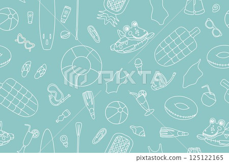 Trendy Summer seamless pattern of beach items and accessories in doodle style. Hand drawn beach items and sports equipment on blue background. Vector 125122165