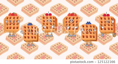 Waffle icon with various tasty fruit toppings. Vector illustration of waffles in kawaii style, breakfast pastry, sweet snack. 125122166