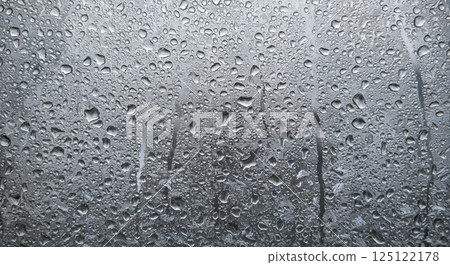 Frozen water droplets on transparent glass with frosted effect and soft textured lighting 125122178