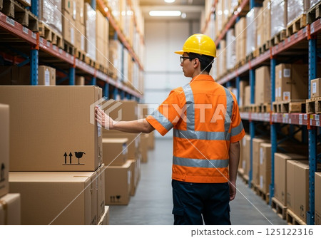 Cardboard boxes stacked in warehouse foreground showing delivery and logistics service 125122316