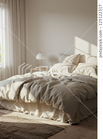 Feathers gently falling over neatly spread bed linens in soft, cozy bedroom atmosphere of comfort 125122317
