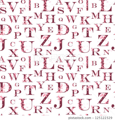 Seamless pattern of cherry blossom letters decorated with sakura flowers. Alphabet in the form of an endless pattern. 125122329