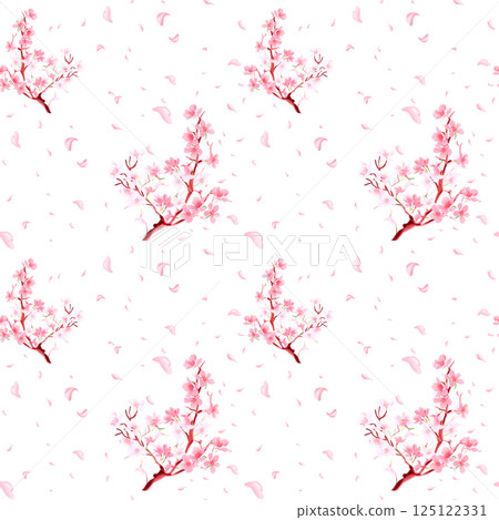 Digital spring pattern with pink flowers and sakura petals for seamless pattern. 125122331