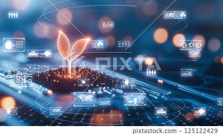 Symbol of the eco-tech future: glowing leaves sprout from futuristic digital soil Symbol of the eco-tech future: glowing leaves sprout from futuristic digital soil 125122429