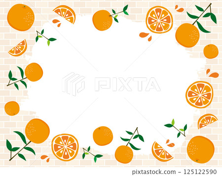 A frame surrounded by illustrations of fresh oranges and wallpaper with a brick pattern 125122590