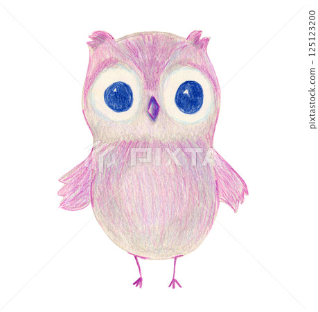Cute violet pink color pencil drawing little owl illustration. Childish textured illustration with magenta color owlet bird for greeting card design, nursery poster, animal sticker, logo 125123200