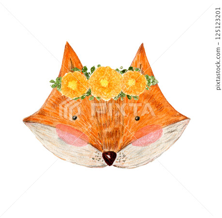 Cute watercolor orange fox head with yellow flowers wreath crown illustration. Hand painting watercolour animal summer portrait for greeting card design, nursery poster, invitation, sticker Cute watercolor orange fox head with yellow flowers wreath crown illustration. Hand painting watercolour animal summer portrait for greeting card design, nursery poster, invitation, sticker 125123201