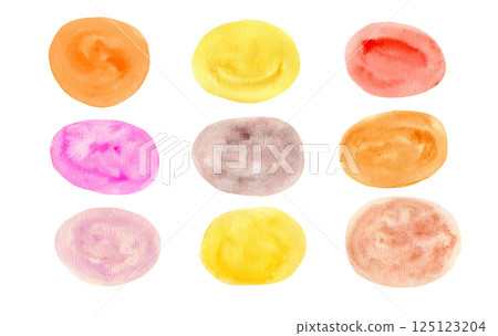 Playful set of artistic textured bright pink, red, orange and yellow watercolor painting round shapes. Hand painted watercolour circle stains for banner design, greeting cards, sticker design Playful set of artistic textured bright pink, red, orange and yellow watercolor painting round shapes. Hand painted watercolour circle stains for banner design, greeting cards, sticker design 125123204