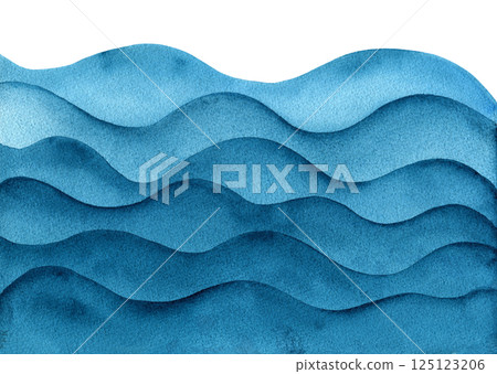 Artistic watercolour bright teal blue wavy layered paper cut border background. Hand painting aquamarine watercolor overlay sea waves frame for marine banner, invitation, nature poster design 125123206