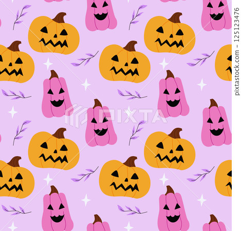 Fun Halloween pattern featuring colorful pumpkins with smiling faces and autumn leaves on a soft purple background, perfect for festive designs Fun Halloween pattern featuring colorful pumpkins with smiling faces and autumn leaves on a soft purple background, perfect for festive designs 125123476