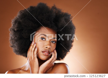 Black woman, afro hair or skincare face glow on studio background for dermatology wellness, cosmetology routine or hair care. Portrait, natural hair or beauty model with makeup cosmetics in self love 125123627