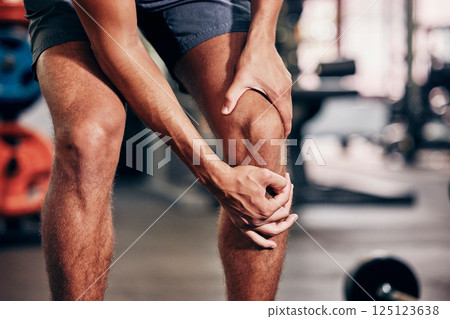 Fitness, exercise and man with knee pain in gym holding leg after injury, accident and muscle pain. Healthcare, sports and male athlete with sore joint, hurt after exercising, workout and training 125123638