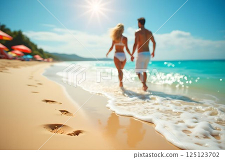 Summer beach resort: Beautiful beach where a couple walks and footprints on the shoreline 4 AI-generated image 125123702
