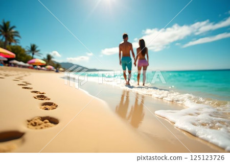 Summer beach resort: Beautiful beach where a couple walks and footprints on the shore 16 AI-generated images 125123726