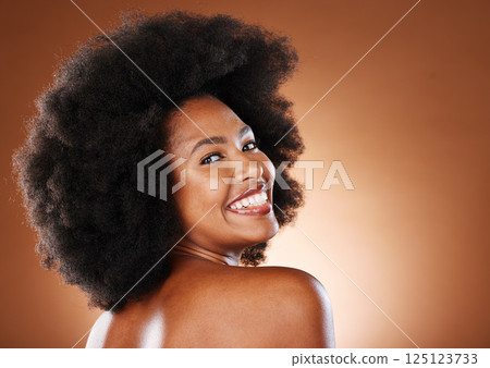 Beauty, skincare and a happy black woman with a smile and afro looking back on studio background. Health, wellness and youth, a woman with body care, healthy glowing skin and happy grooming lifestyle Beauty, skincare and a happy black woman with a smile and afro looking back on studio background. Health, wellness and youth, a woman with body care, healthy glowing skin and happy grooming lifestyle 125123733