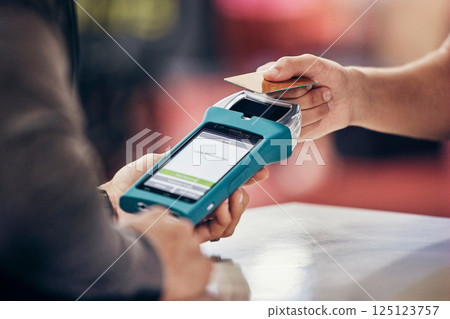 Men, hands and credit card banking machine for fitness gym membership, exercise subscription or workout supplement sales. Zoom, nfc or rfid pos payment device for personal trainer wellness coaching 125123757