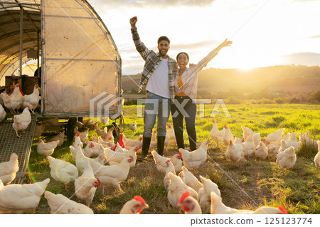 Excited, success and couple on a farm with chicken for sustainability, agriculture and small business in nature. Happy, eco friendly and portrait of a man and woman with animals in countryside 125123774