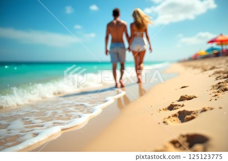Summer beach resort: Beautiful beach where a couple walks and footprints on the shoreline 37 AI-generated images 125123775