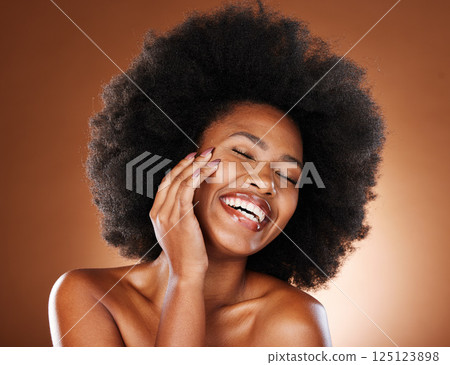 Skincare, beauty and portrait of black woman with smile on face, luxury care for smooth, clean and fresh skin. Happiness, health and happy woman or girl from South Africa with healthy afro hairstyle. Skincare, beauty and portrait of black woman with smile on face, luxury care for smooth, clean and fresh skin. Happiness, health and happy woman or girl from South Africa with healthy afro hairstyle. 125123898