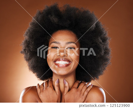 Hug, makeup and black woman with self love, happy and smile for beauty against a brown studio background. Skincare, cosmetology and face portrait of an African model with a body hug for care Hug, makeup and black woman with self love, happy and smile for beauty against a brown studio background. Skincare, cosmetology and face portrait of an African model with a body hug for care 125123900