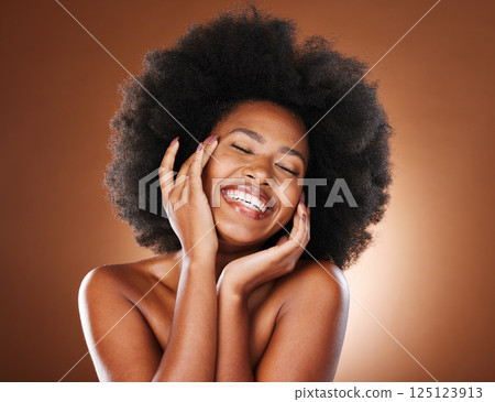 Skincare, natural hair and black woman in studio for cosmetics, makeup and beauty for youth facial advertising, marketing or promotion. Happy african or afro model face for skin care and self love 125123913