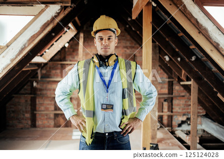 Portrait, construction man and leader for building project, with pride and confident with work and architecture. Male architect, leadership and management for maintenance, contractor and with hardhat 125124028