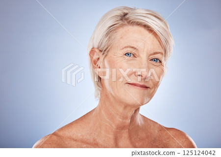 Woman skincare health, facial beauty and elderly cosmetics makeup for skin wellness in studio. Portrait, face healthcare and anti aging therapy treatment for natural body care against grey background 125124042