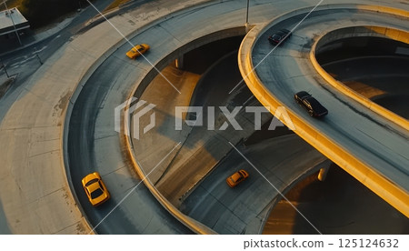Aerial View Of Elevated Highway Intersection With Cars During Sunset 125124632