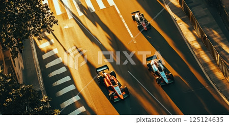 Aerial view of racing cars on a city street with golden sunlight and shadow, formula racing 125124635